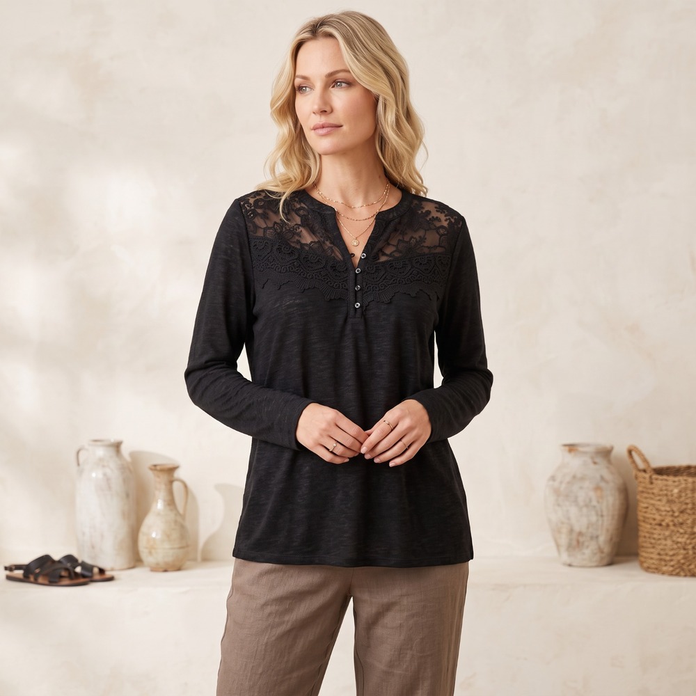 Forgotten Grace Black Lace Top Tee V Neck Knit Boho Witchy Goth Casual Indie XL